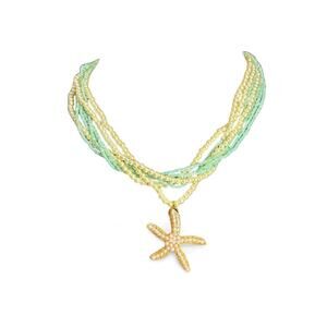 Mint Green Pearl Multi Strand Starfish Pendant Necklace Gold Tone Beach Coastal